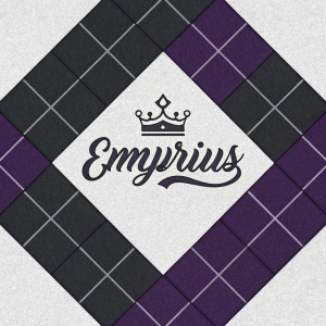 Logo design for Emyrius. Simple crown symbol with sans serif font in a grid pattern. Dark and light shades of black, gray, and purple create a modern, minimalist look.