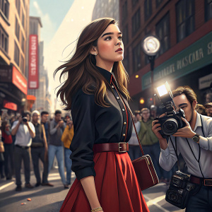Hailee Steinfeld, wearing a black blouse and a red skirt. Standing in a busy street. Bright camera flashes, people in the background.
