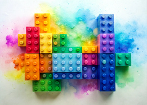 watercolor, geometric creating lego contructionon white background high definition, 4k, full image
white border
