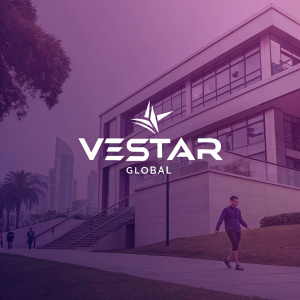 Contemporary logo design for Vestar Global. Features bold white font on a deep purple gradient background. Minimalist, modern aesthetic.