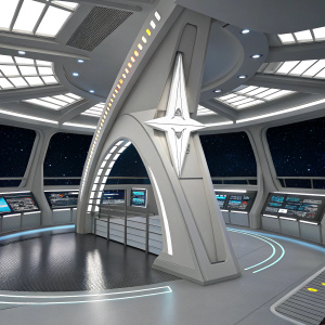 Digital 3D rendering of a Star Trek Discovery Enterprise Bridge. Predominantly white, modern, angular design. Large, central cross-like structure. Futuristic, CGI-style aesthetic.