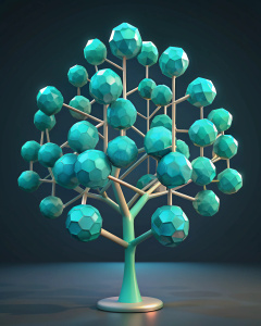 tree as 3d chemical compounds, molecular crystal lattices, teal colors, 3d kids cinema animation style, high resolution
