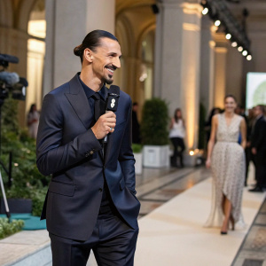 Zlatan Ibrahimovic in a sleek business suit, giving an interview at the Milan Fashion Week. He sports a confident smile.