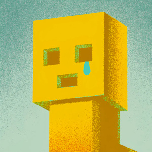 Illustration of a Minecraft creeper. Sad face, muted gray background. Tears visible. Flat style, simple geometric pattern.