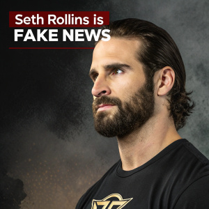 Digital illustration of Seth Rollins, professional wrestler. Close-up of his face, full beard, black t-shirt with graphic. Background is dark, textured. Overlay text reads 'Seth Rollins is FAKE NEWS'. Like button visible.