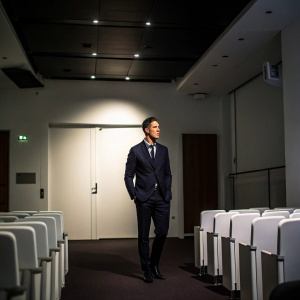 Fernando Torres at a press conference, dressed in a dark suit. Dimly lit room with white walls and rows of seats