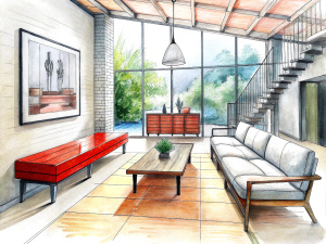 a sketch of a beautiful modern living room, (((foster and partners, artists impression, artistic impression, by Hamish MacDonald, by Carey Morris, by David Brewster, higher detailed illustration, by Helen Berman, an illustration, detailed illustration, by Nick Fudge, by Warren Mahy, artist's impression))), a red kitchen cabinet behind the white sofa, with minimal pictures on the wall, linen curtain next to the classroom window, coffee table, modern wood, ceiling with magnetic emissive lighting, 