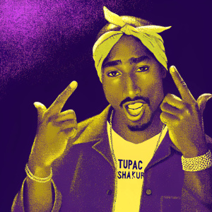 Cartoon illustration of Tupac Shakur. Vibrant pink background. Wearing a green bandanna and casual attire. Expressive hand gesture, making a strong statement. Pop art style, dynamic facial expression, artist's signature at the bottom