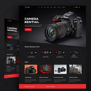 A sleek and modern website design for camera rentals. Predominantly dark theme with accents of red. Features large hero image showcasing camera equipment, multiple smaller images highlighting services, and social media integration.