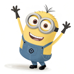 A cute, cartoon Minion from Despicable Me waving with both arms. White background with simple design elements.