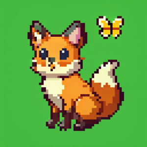 fox sitting watching on butterfly on her nose pfp, retro green background, small fox