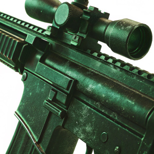 Detailed 3D render of Heckler-Koch HK417 assault rifle. Predominantly black with intricate design elements. Complex structure highlighted against plain white background