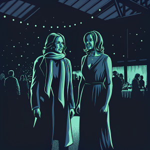 Felicity Huffman and Brenda Strong at the charity gala. Felicity in a dark coat with a scarf, Brenda in a sleeveless dark blue gown. Indoor venue with warm lighting and other guests in attendance.