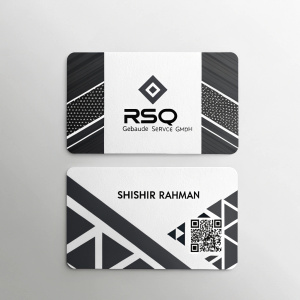 Business card for Shishir Rahman. Modern design with black and white geometric shapes. Includes RSQ Gebäude Service GmbH logo, contact details, and QR code.