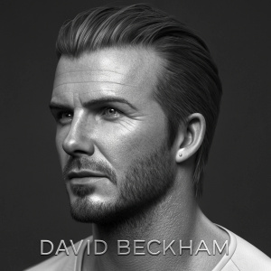 3D render of David Beckham. Detailed face with stubble. Black and white. Instagram handle credited