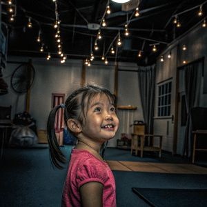 A young Asian girl with pink shirt and ponytail-like pigtails in a vibrant, colorful indoor studio setting.