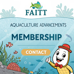 Official website homepage for FAITT, highlighting aquaculture advancements. Cartoon mascot, membership perks, and contact info prominently displayed