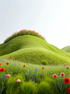 hills planted with flowers poppies, grass, forget-me-nots on a white background