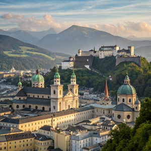 Panoramic view of Salzburg, Austria. Prominent baroque church and medieval buildings dot the skyline. Mountains in the background.