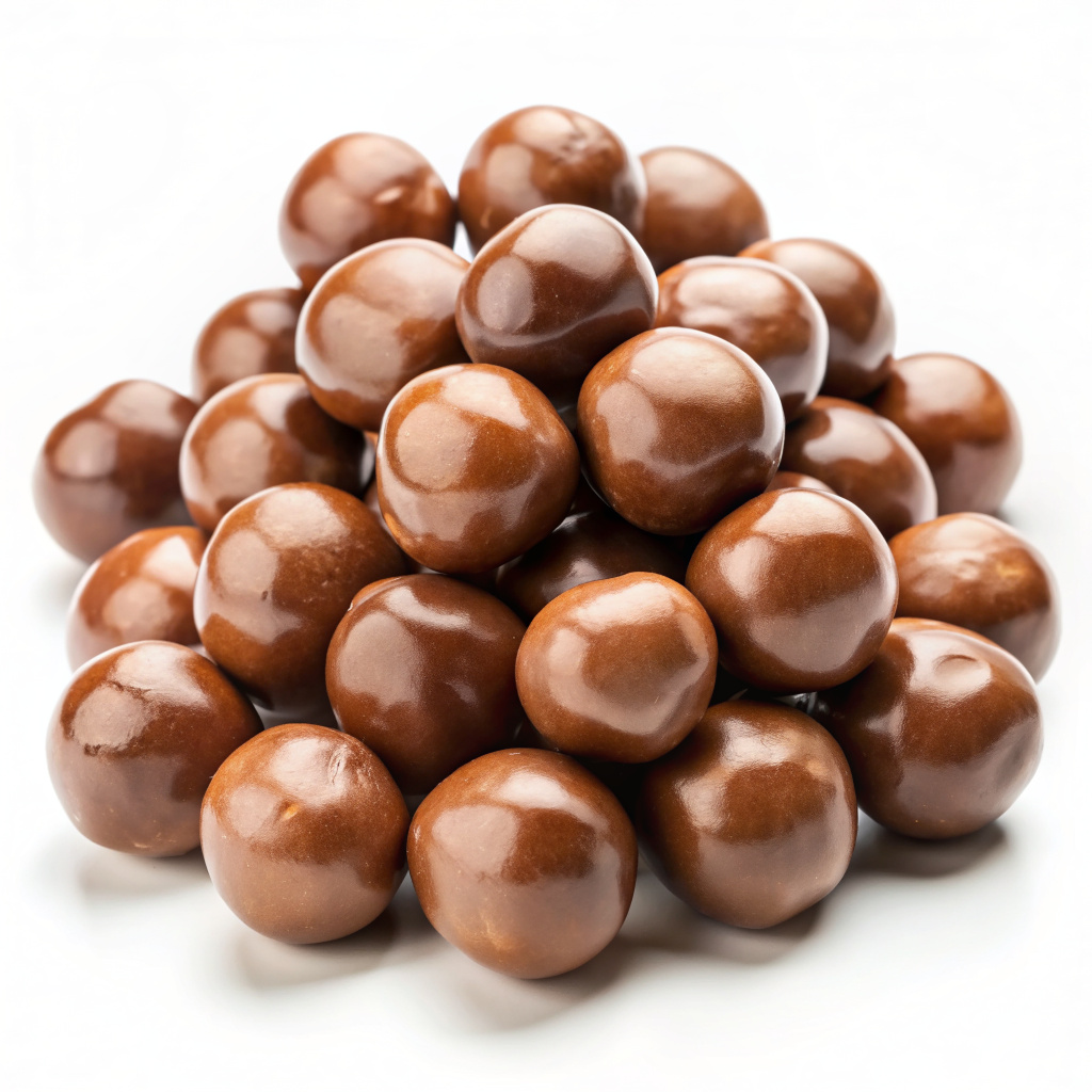 Chocolate-covered hazelnuts on white background