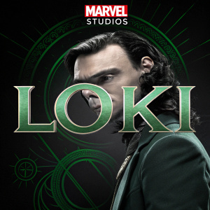 A sleek and modern poster for the TV series 'Loki'. Green and metallic accents on a black background, featuring the Marvel Studios logo at the top.