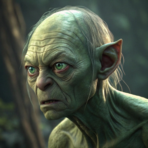Close-up of Gollum's face. Detailed wrinkles and greenish hue. CGI environment.