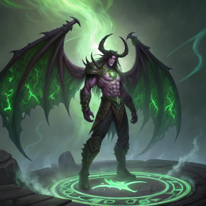 Illidan Stormrage, muscular, with sharp horns and long dark hair. Fierce expression, green glowing aura, standing on a mystical platform surrounded by swirling magical energy patterns.