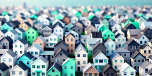 neighborhood of homes background with light blue mint, black, white and white background.