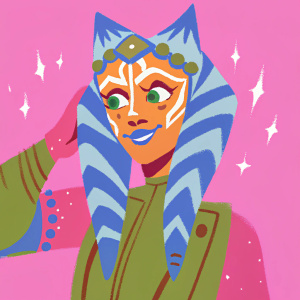 A digital illustration of Ahsoka Tano from Star Wars. Cartoonish style with intricate line art. Focusing on her unique facial features and alien-like clothing patterns