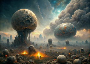 Zdzisław Beksiński art style, big space storm, high cemetery, burning, deep fog, human mutants, cemetery, extremely big metal spacecrafts that has crashed centuries ago, bones and small skulls. The spacecrafts stretches into the deep red sky, now a towering relic of human ingenuity. The scene is overgrown with vibrant greenery, showcasing nature's resilience and ability to reclaim even the most alien of environments. The sun casts a warm, 