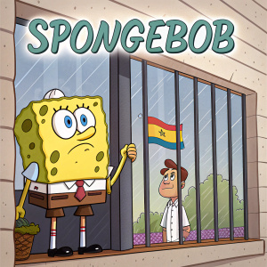 Flat illustration of SpongeBob SquarePants looking out a window with slats. Another character and SpongeBob are in the background. Includes Spanish text.