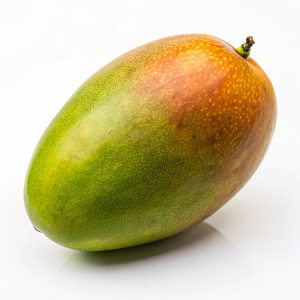a real mango fruit with shape a litle bit longer in the point and color a green 