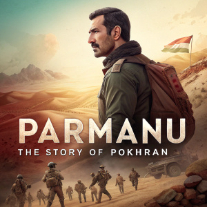 Movie poster for 'Parmanu: The Story of Pokhran'. John Abraham, rugged look. Military personnel, uniforms, equipment. Earthy, warm color palette.