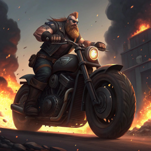 Digital artwork depicting Vandal Gragas from League of Legends: Wild Rift. Intense action scene with Gragas riding a large, dark motorcycle. He is shown with a muscular build, a bearded face, and a fierce expression. Background features fiery explosions, emphasizing action and drama.