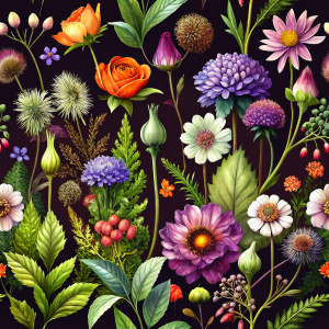 DARK BROWN  background, watercolor image with dark brown   background , oliveWAXFLOWER ,campanula ,POPPY wild lupine , brown ALLIUM, WILD BERGAMOT , green RATTLESNAKE MASTER, ZINNIA , PARROT TULIP , ivory achillea, physalis , watercolor, dark brown  background