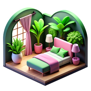 A cross-section of a bedroom interior with lots of plants