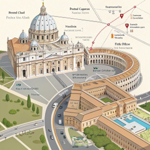 Interactive map showcasing Vatican City, nestled within Rome, Italy. Highlighting key landmarks and streets.