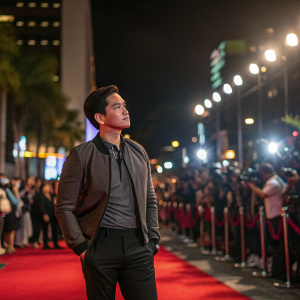 Alden Richards in a thoughtful pose during a movie premiere. The background features a bustling crowd and flashing cameras.