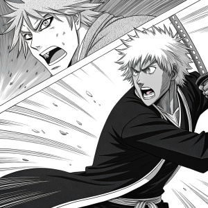 Panel from Bleach manga. Black and white art style. Ichigo Kurosaki battling. Exaggerated facial expressions. Dashed lines for motion blur. Detailed lines. Multiple frames showing progression of battle. Emphasis on emotions and intensity.