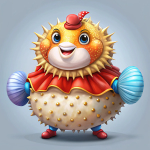 generate a puffer fish from the circus in illustration cartoon style. should be a friendly cute creature. game character design. show the whole body. be creative. fantasy. colorful. mix of circus puffer fish and toy.  ball fish. 