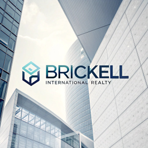 Brickell International Realty logo, modern design with sleek typography and a minimalist abstract icon. Colors: shades of grey with a hint of blue.