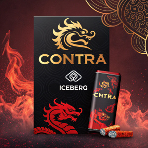 Digital ad for CONTRA by ICEBERG. Dark background with fiery dragon motif. The product packaging prominently features the CONTRA logo and a stylized dragon emblem. The design incorporates a blend of languages including Thai. The color scheme is predominantly dark with accents of red, gold, and fiery orange. The ad is sleek and modern, with a futuristic vibe.