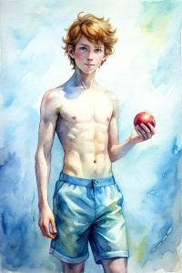 A cute slender tanned shirtless guy with short hair, wearing shorts, holding a cricket ball in right hand