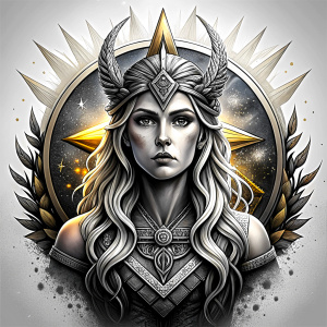 Nordic Godness Snotra - perfect realistic art, high-definition grey and black, white background tattoo design