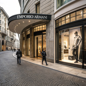 Emporio Armani flagship store in the heart of Milan. The sleek curved facade and the grand entrance adorned with large, monochromatic advertisements. The black awning above the entrance bears the brand's logo. Passersby stroll down the cobblestone street in the background.
