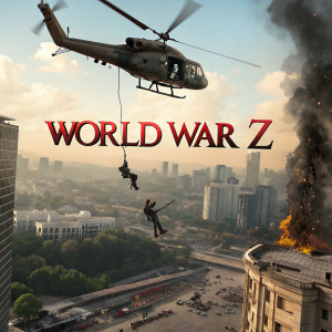 A promotional image for 'World War Z'. Military helicopter with people hanging underneath, flying over a chaotic cityscape. 'World War Z' text prominently displayed.