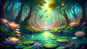 oil paint landscape view realistic lotus pond in the deep forest , Shining brightly glitter on the surface of the water,The sun shines down,A dragonfly's wings sparkle,seaweed plant on surface of the water.