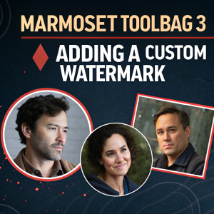 Poster: Step-by-step guide to adding custom watermark in Marmoset Toolbag 3. Dark background. Bold text. Character face and screenshots included