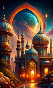 Islamic design, mosque minaret, fantasy mosque, fantasy lantern with burning candle,
new modern artistic effects, magic of the East, crescent moon,
the desert of the East is magical, a fantasy wonder of shining stars, by Osama Fares,
best quality, detailed illustrations, cinematic, highly detailed,
small details, beautiful details, mysticism, luminism, bright colors, complex backgrounds