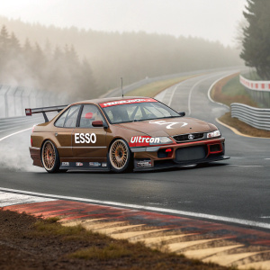 Illustration of a Peugeot 406 racing car. Brown with Esso and Ultron logos. Racing track background.